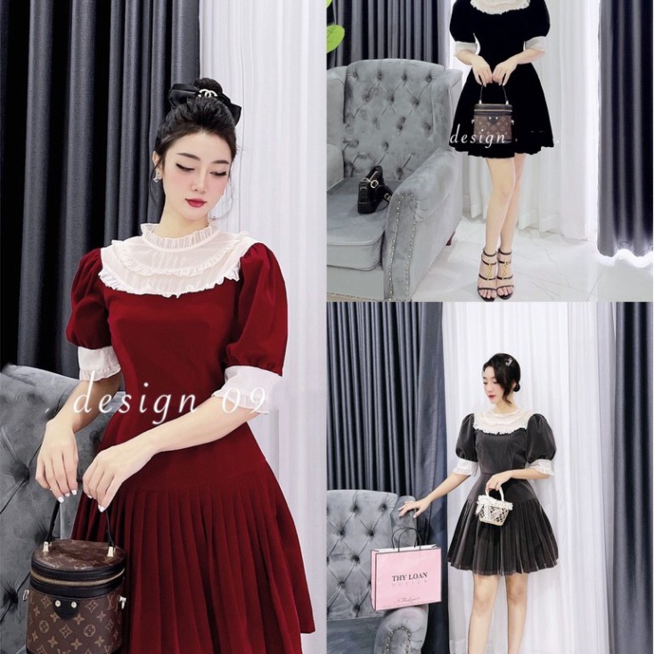 váy nhung phối tơ chân xòe dập ly hàng thiết kế cao cấp hs044