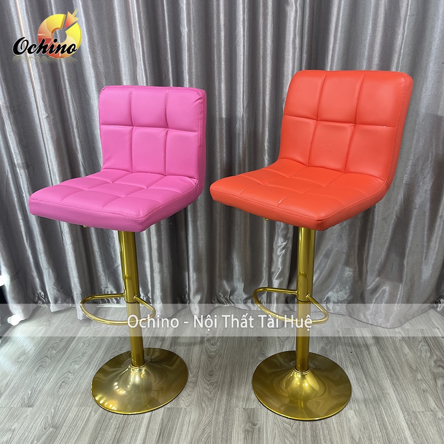 Ghế Quầy Lễ Tân, Ghế Quầy Bar Mẫu Tựa Chữ Nhật Chân Vàng K1 Điều Chỉnh Độ Cao 60/80 Và Xoay 360 Độ Phong Cách Hiệ