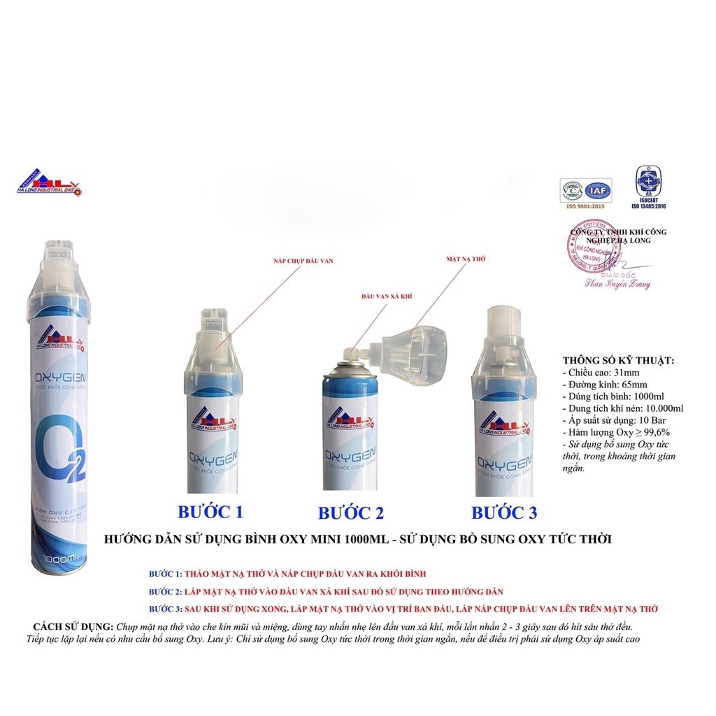 Bình thở oxy mini cầm tay dung tích khí 10.000ml, độ tinh khiết 99,6%