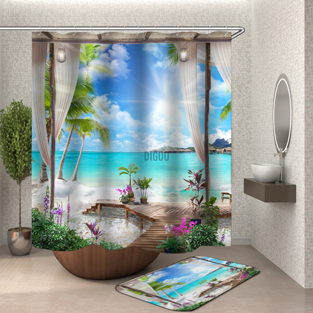 Landscape Shower Curtain Sets with Non-Slip Rugs Toilet Lid Cover Bath Mat Waterproof Curtain