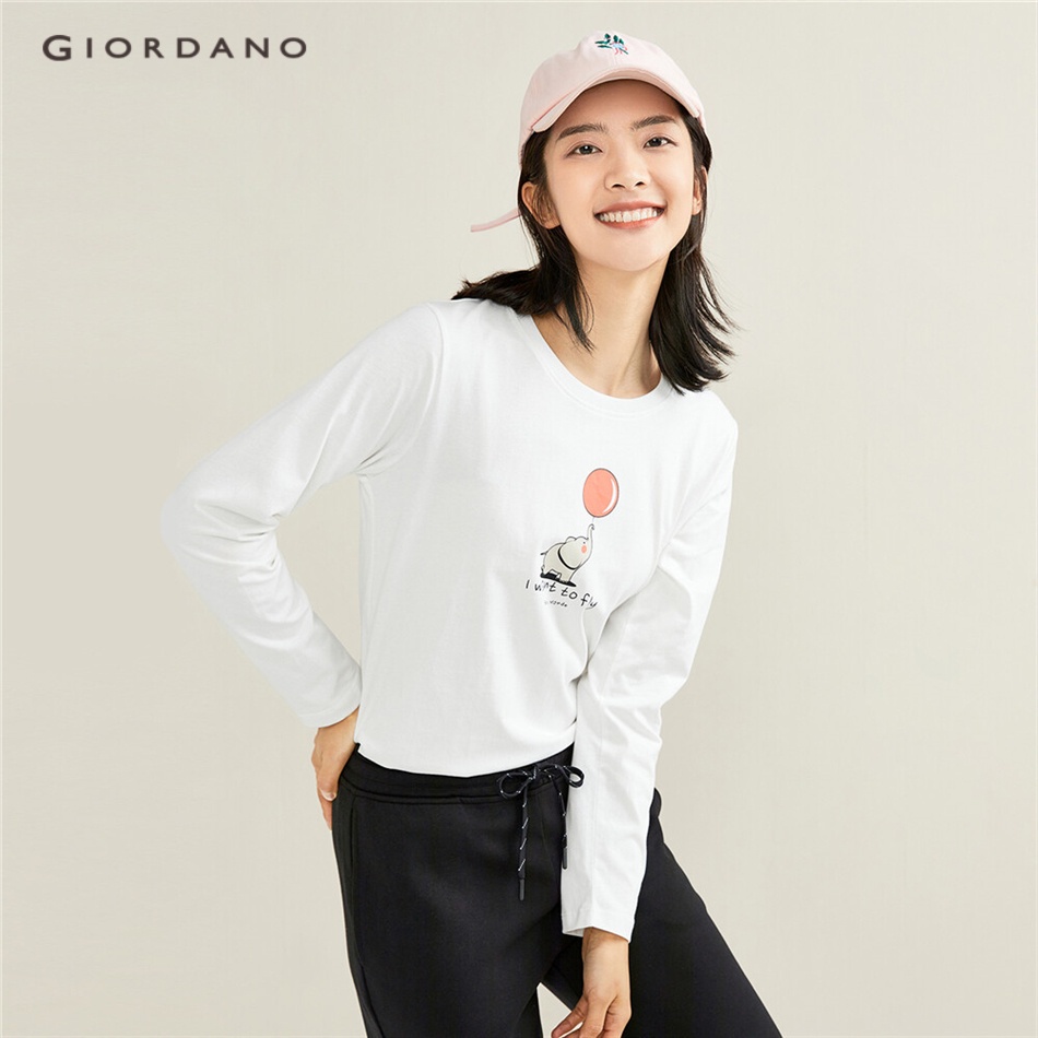 Áo thun nữ GIORDANO 13391790 cổ tròn tay dài in hình