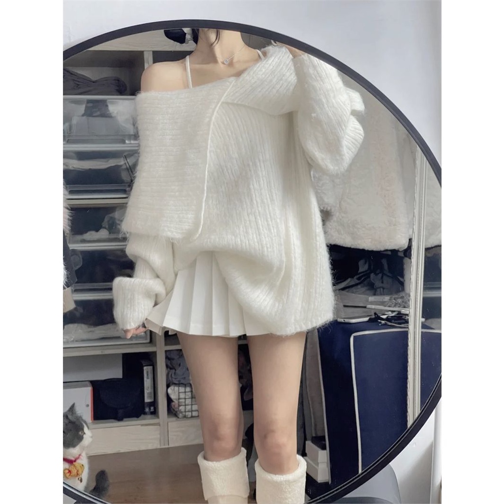 Set áo sweater cổ ngang + chân váy mềm mịn Hàn Quốc có bán lẻ