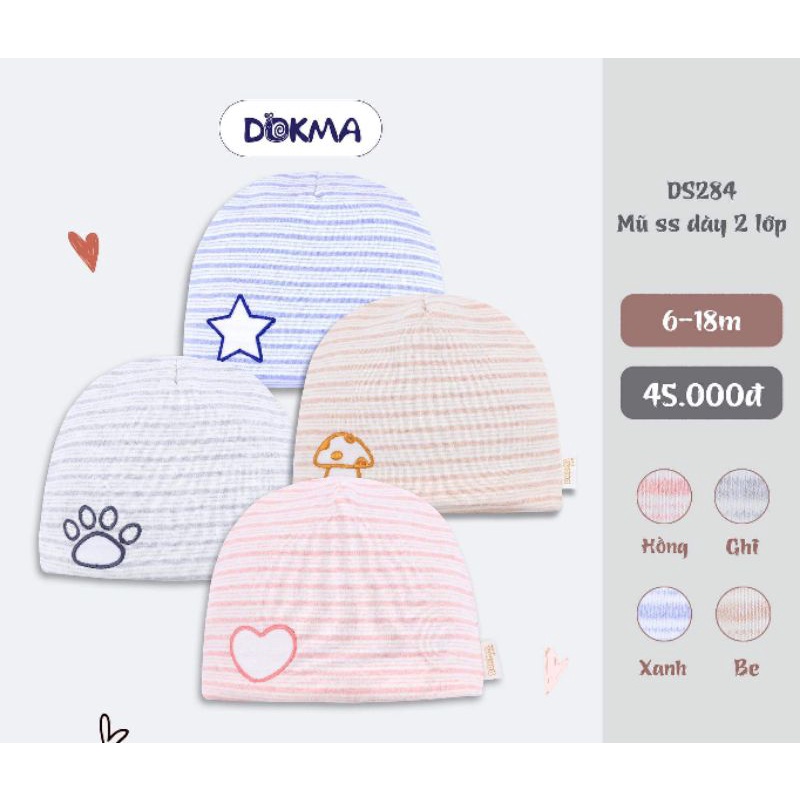 Mũ cotton nỉ dày 2 lớp thu đông Dokma (6-18 tháng)