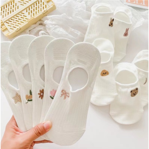 Vớ Mỏng Màu Trắng Thêu Họa Tiết Dễ Thương Chống Trượt Thời Trang Mùa Hè Cho Nữ