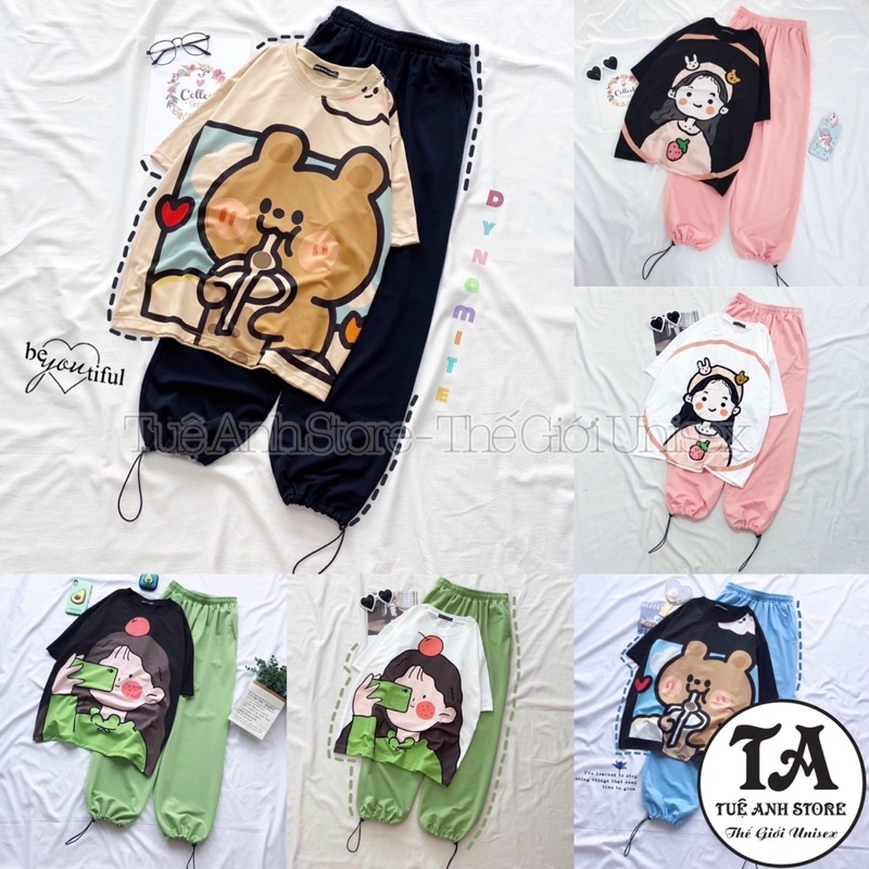 [NHIỀU MẪU] Set đồ bộ cartoon quần dài JOGGER TRƠN DÂY RÚT - Bộ hoạt hình áo thun 3D phối quần da cá Freesize 40-65kg