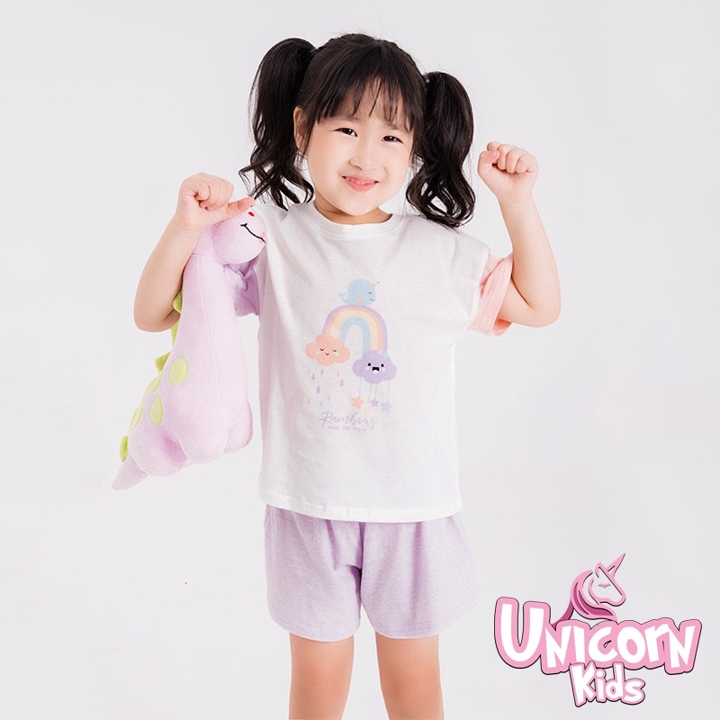 Bộ quần áo bé gái Unicorn Kids hình cầu vồng sắc màu chất liệu 100% cotton hữu cơ, từ 1- 5 tuổi cân nặng từ 8.5 - 22kg