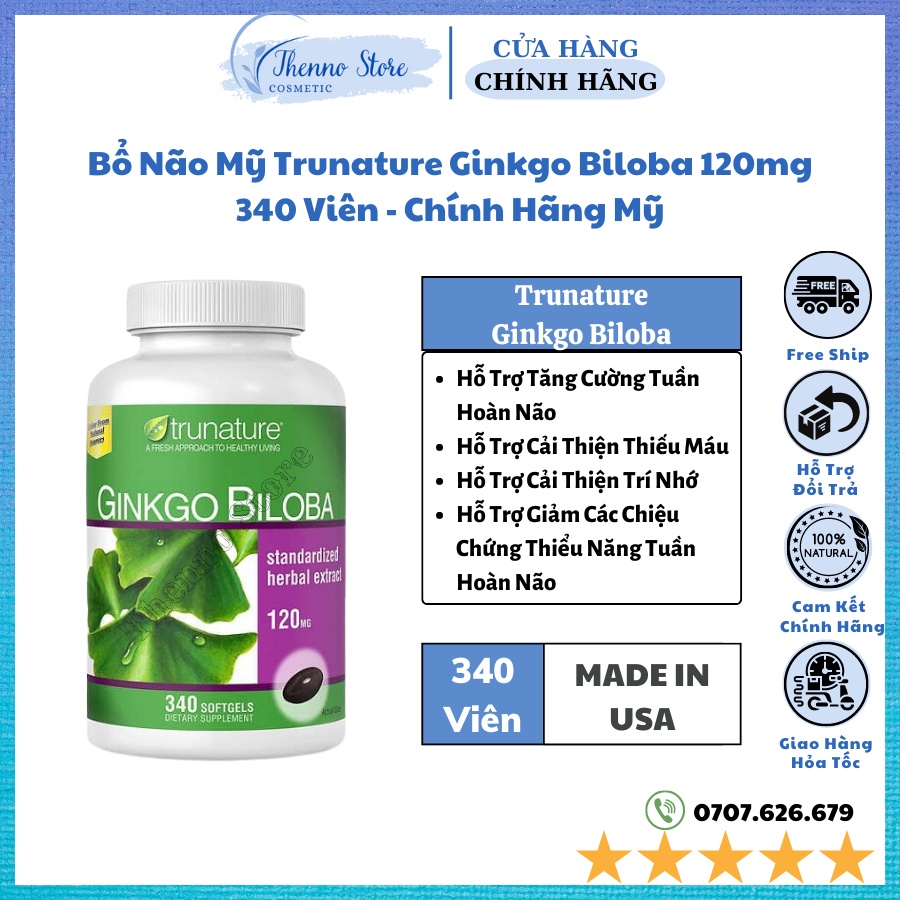 Bổ Não Mỹ Trunature Ginkgo Biloba 120mg 340 Viên - Chính Hãng Mỹ