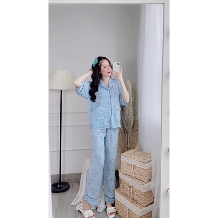 Bộ đồ ngủ pijama nữ cộc tay quần dài chất lụa Kate Thái mềm mịn màu xanh nhạt họa tiết thỏ trắng - CD0066