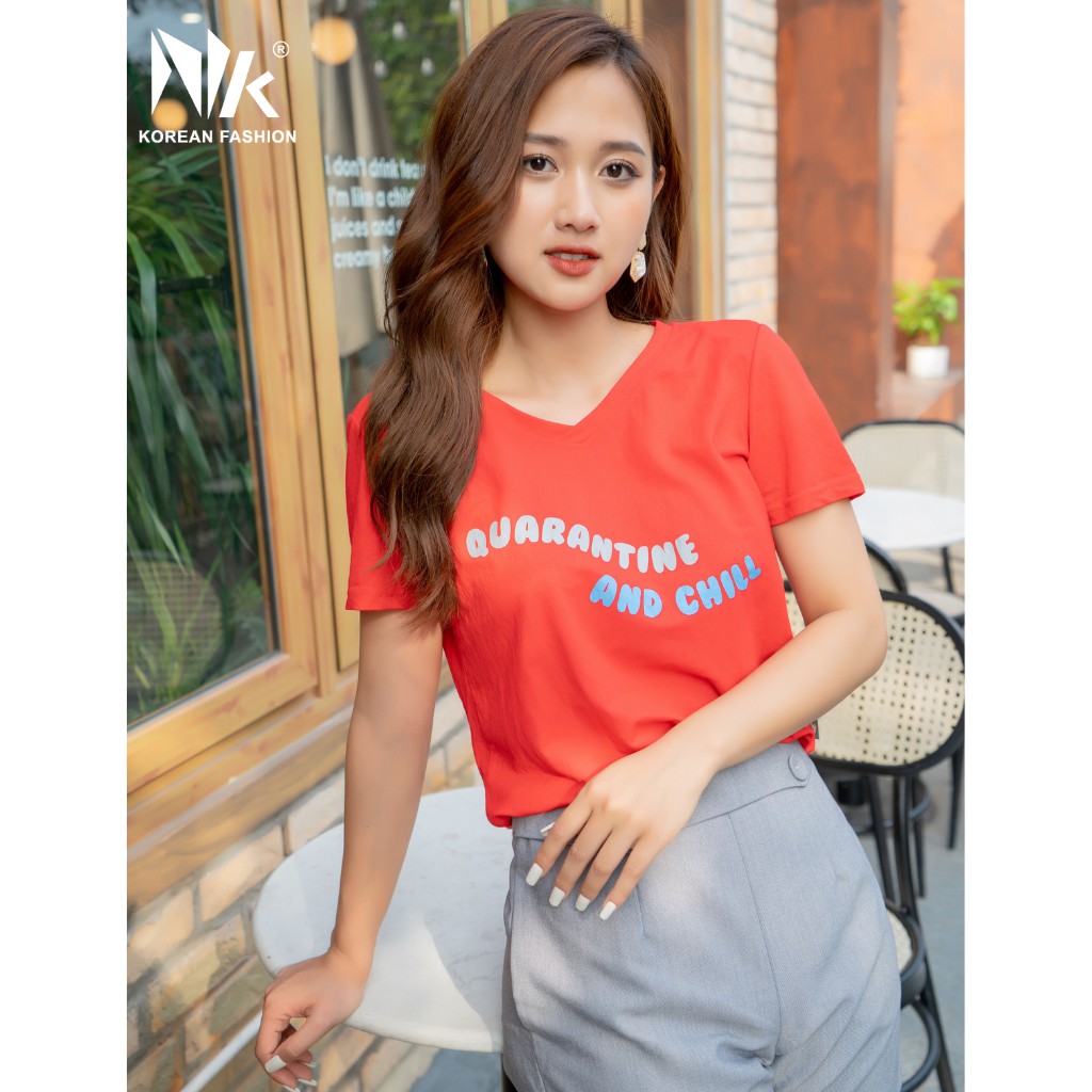 Áo Phông Nữ Cổ Tim NK FASHION Dáng Cơ Bản, Dễ Mặc, In Chữ, Vải Cotton Thoáng Mát, Mềm Mịn NKAT2103005