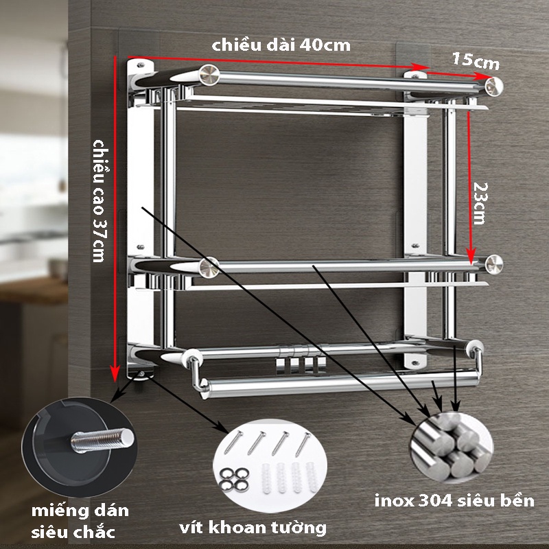 Kệ Để Đồ Nhà Tắm 3 Tầng Chất Liệu Inox Sáng Bóng - Sử Dụng Dán Tường Không Cần Khoan