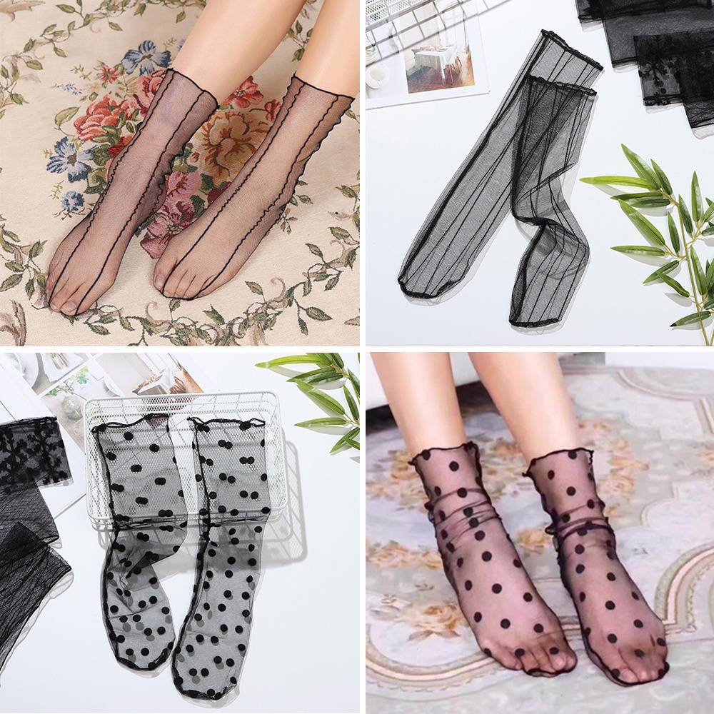 Vớ cổ trung bằng lụa siêu mỏng trong suốt phối ren hoa thoáng khí thời trang xuân hè cho nữ | BigBuy360 - bigbuy360.vn