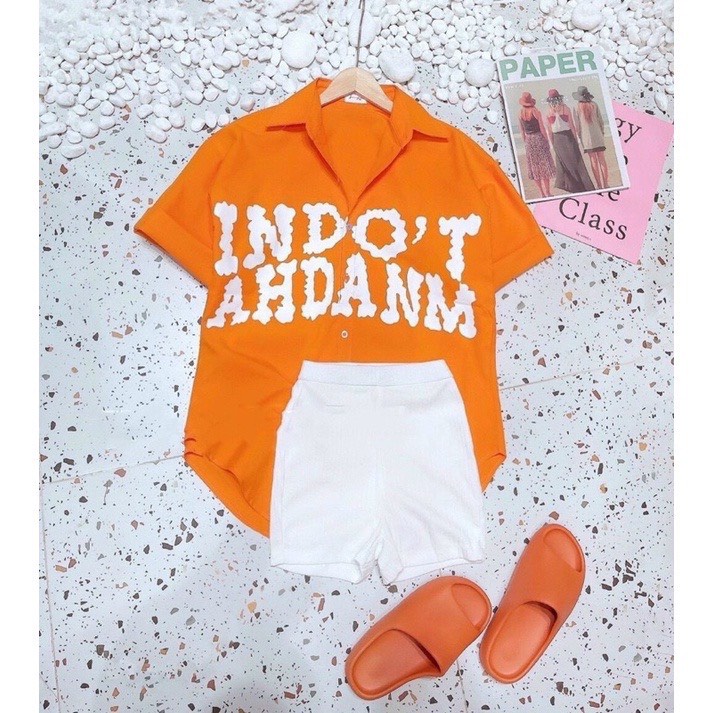 Set áo sơmi quần thun ngố form rộng big size 3 màu in chữ hình trái tim siêu hot trend