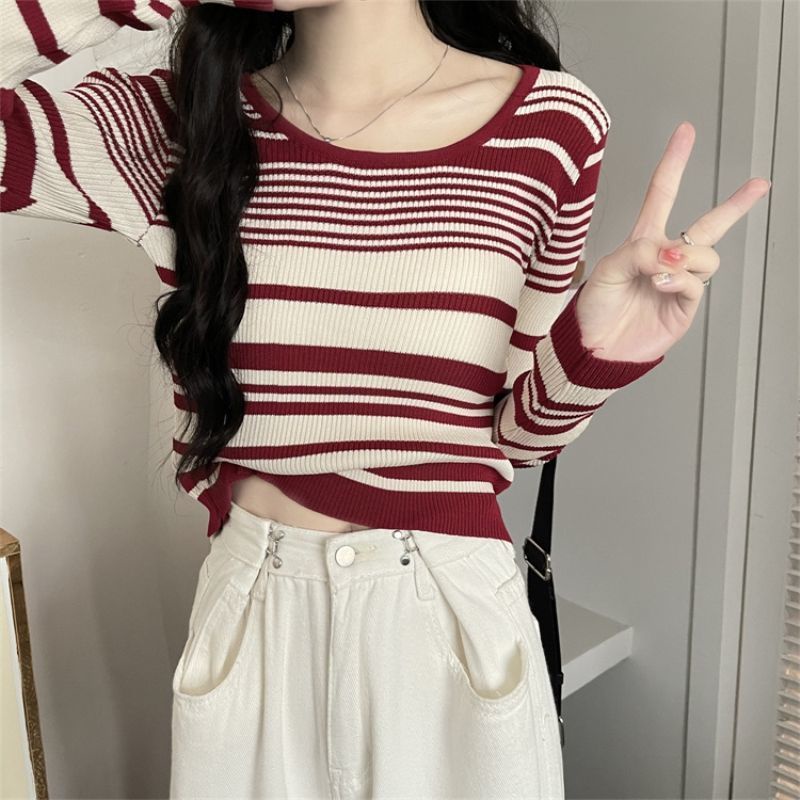COZOK Áo Len Tay Dài Họa Tiết Kẻ Sọc Form Ôm Kiểu Dáng Retro Dễ Phối Đồ