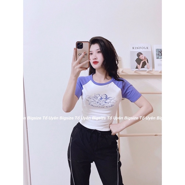 (T.U Bigsize 50-80kg) Áo Croptop Phối Tay In Hình Babe Chubby
