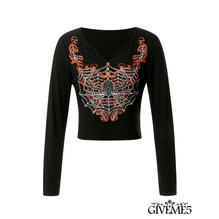 Áo thun gothic dài tay cài nút phía trước họa tiết nhện cho nữ