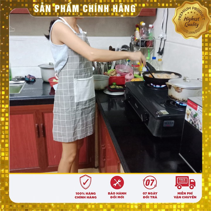 Tạp dề vải nhà bếp kẻ ô màu ghi sáng 67 x 61.5cm