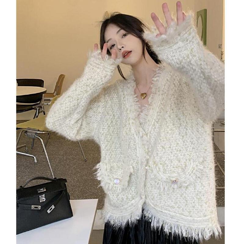 Áo khoác cardigan dệt kim phối tua rua thời trang xuân thu 2022 sang trọng cho nữ