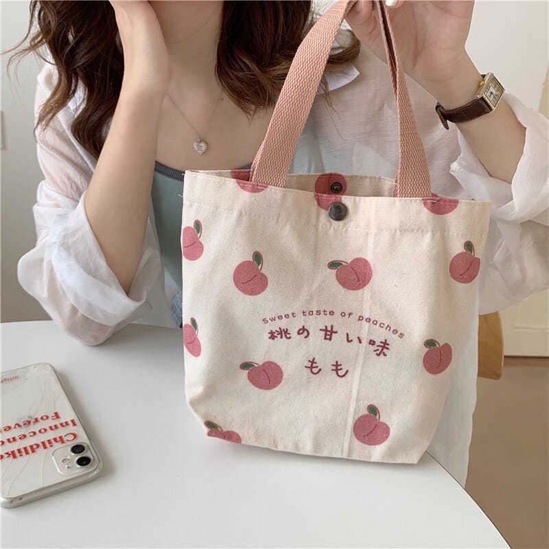 Túi Tote Vải Canvas Nhỏ Xinh In Họa Tiết Đào Phong Cách Nhật Bản Cho Nữ
