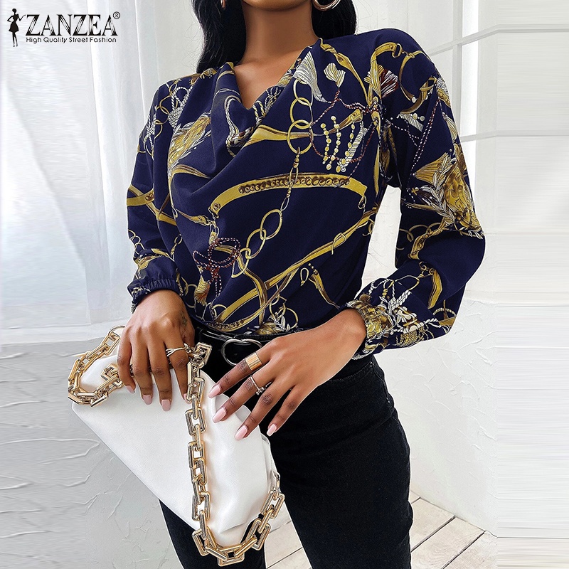 Áo kiểu nữ ZANZEA ôm dáng tay dài cổ tròn cổ tay phối chun co giãn in họa tiết kiểu cổ điển gợi cảm thời trang