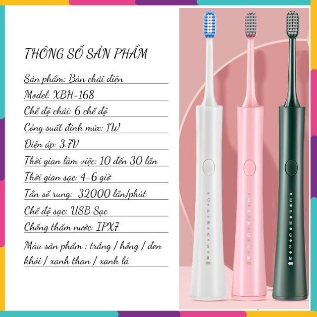 Bàn Chải Điện Đánh Răng Sonic Tự Động Cho Người Lớn Kèm 5 Đầu Chải 6 Chế Độ Đánh Răng Khoa Học HNH024