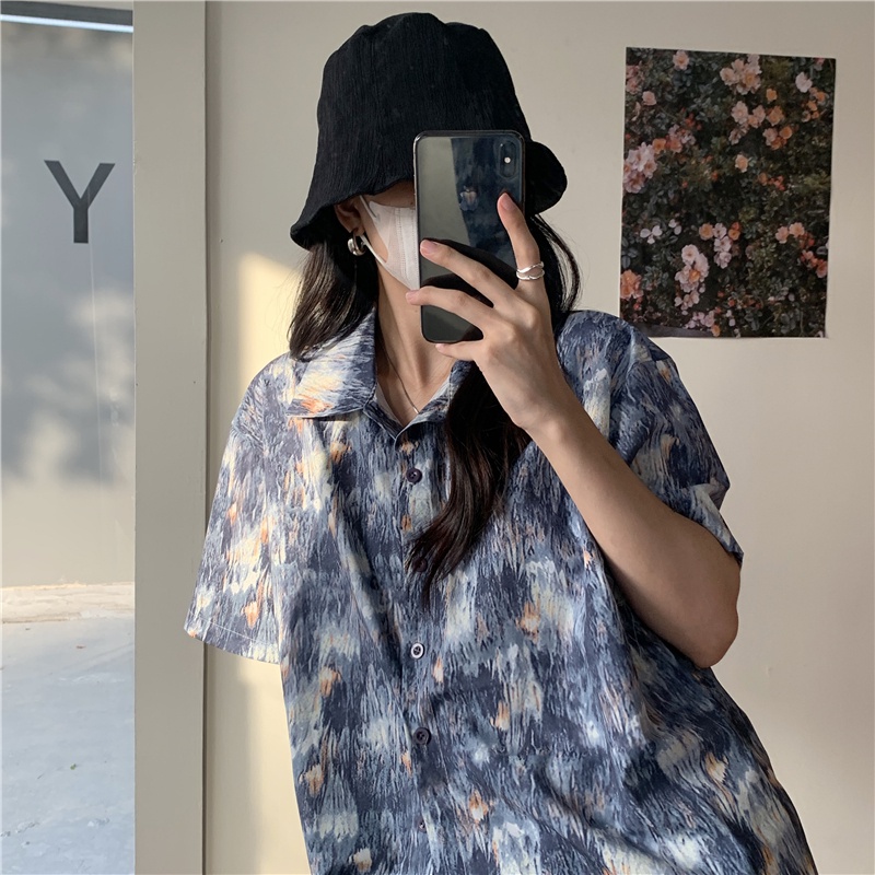 SUXI Áo Sơ Mi Tay Ngắn In Họa Tiết Phong Cách Retro Hàn Quốc Mới Cho Nữ