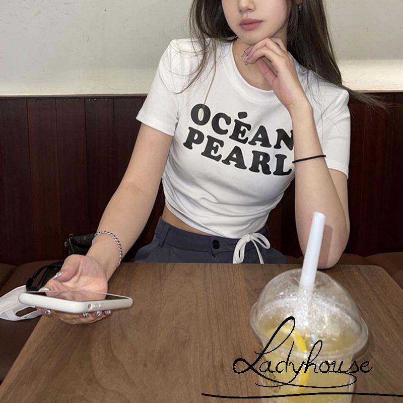 Áo Thun Crop Top Tay Ngắn Cổ Tròn In Chữ Màu Trắng / Đen Thời Trang Mùa Hè