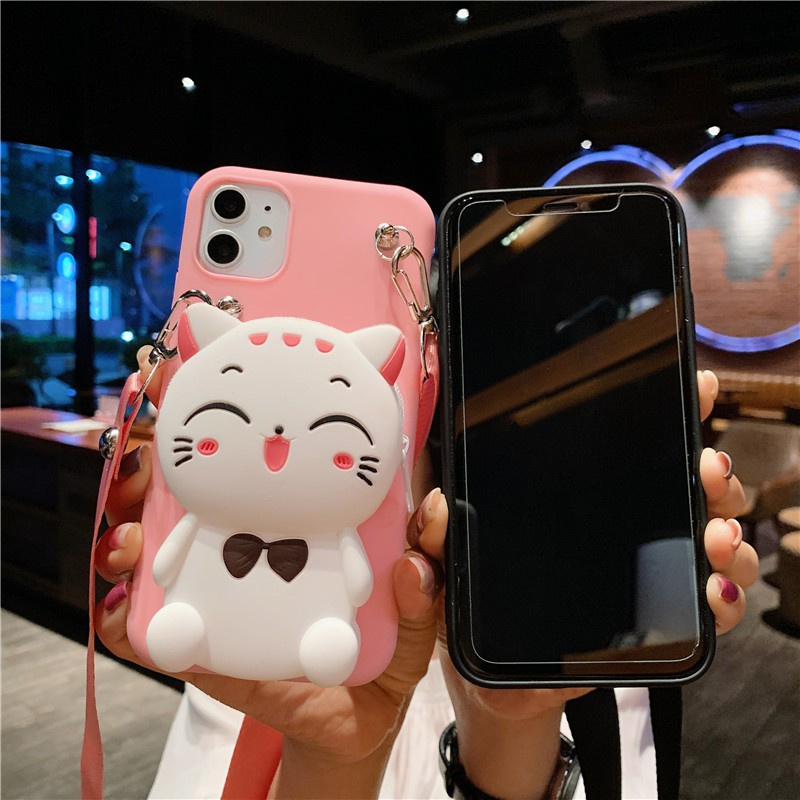 Samsung S10 S10PLUS S7edge S21Ultra S21+ A12 A42 5G A6 A8 A6Plus A6+ A8Plus A8+ A02S A01Core A21S A31 A11 Cartoon cat zero wallet mobile phone case Fortune Cat backpack mobile phone protective case fashion silicone tether wallet mobile phone case