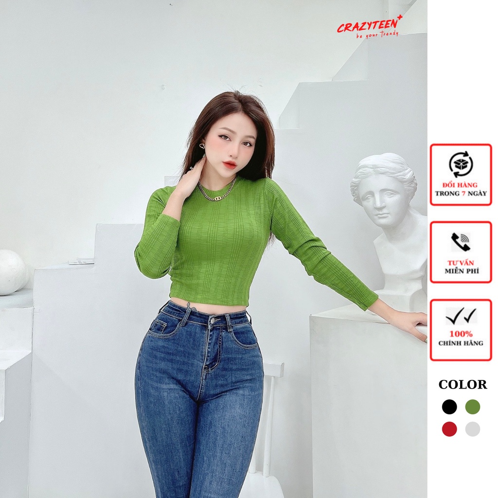 Áo thun croptop tay dài nữ CRAZYTEEN cổ tròn năng động AT0315