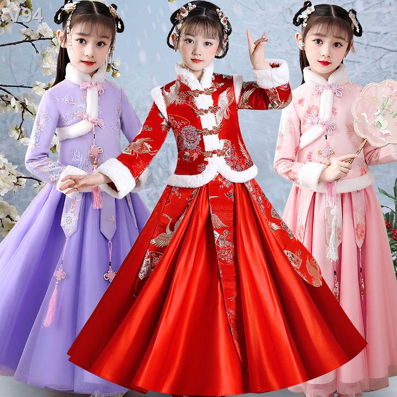 HTINGCô gái Hanfu Tết Trung Quốc Phong cách Phù hợp với quần áo màu đỏ năm mới trẻ em Siêu tiên dày cổ trang