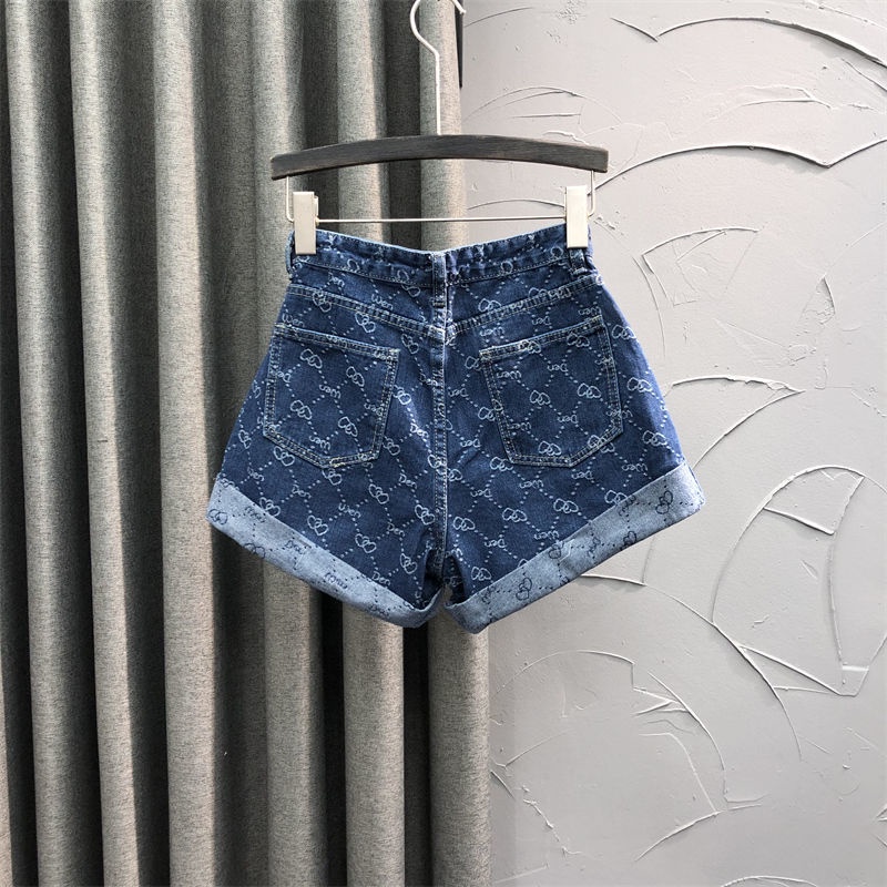 Quần short denim ống rộng eo cao in họa tiết thời trang cho nữ