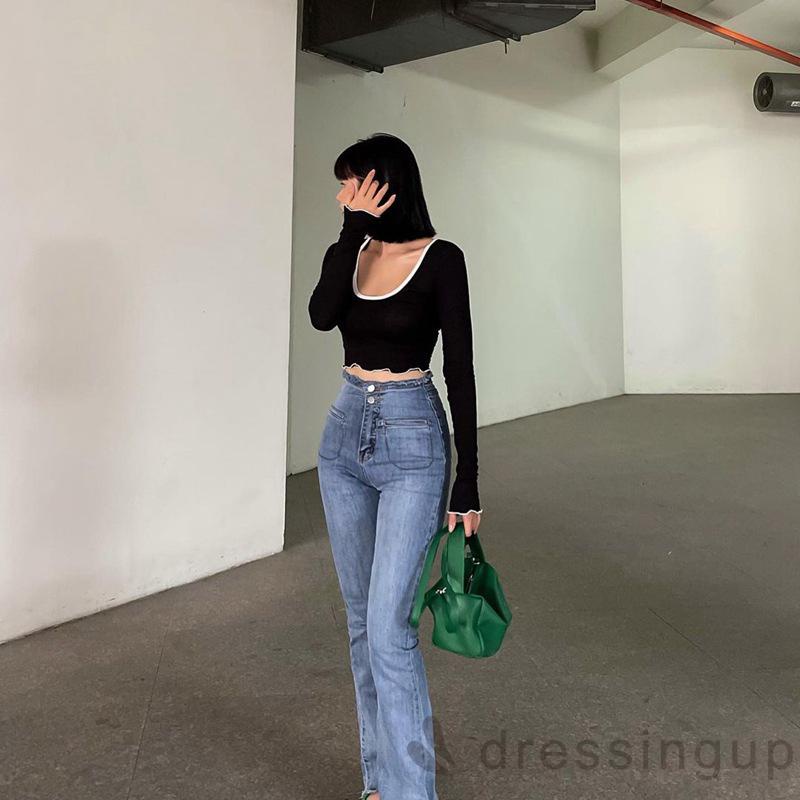 Áo Tay Dài Dáng Ôm Xếp Ly Viền Vuông Màu Tương Phản Kiểu Pháp Cho Nữ