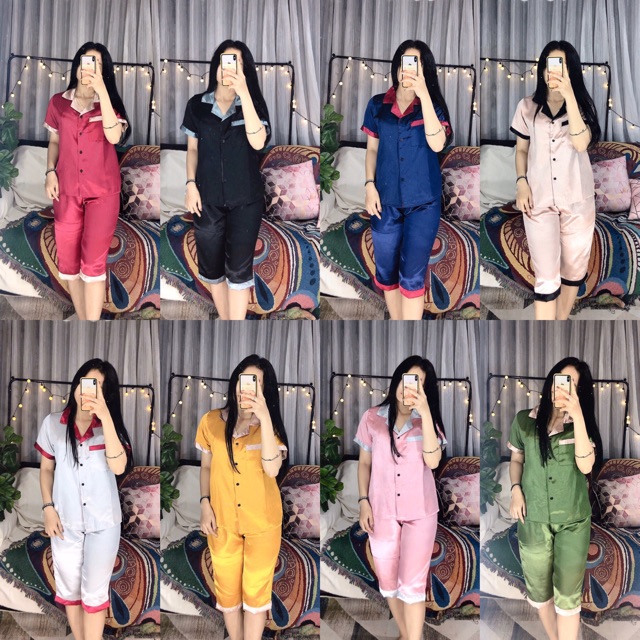 ( Freesize Lụa ) Đồ Bộ Pijama Lụa Phối - Tay Ngắn Quần Lửng