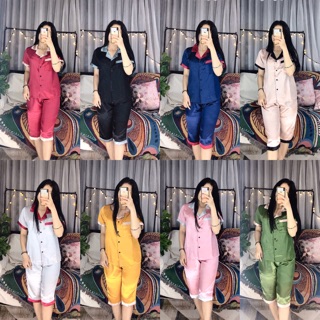 Đồ bộ pijama lụa phối - tay ngắn quần lửng