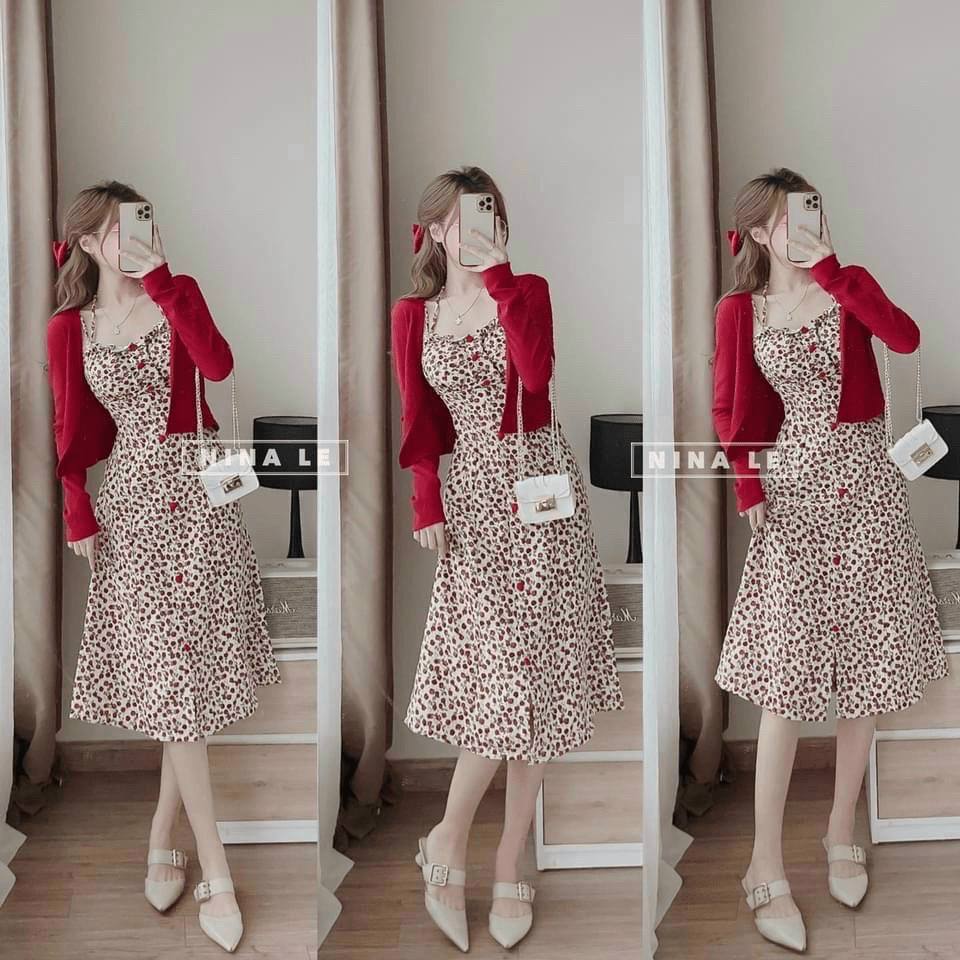 SÉT ĐẦM 2 DÂY HOA KÈM ÁO KHOÁC LỬNG XINH XẮN ĐÁNG YÊU DX THỜI TRANG HHP