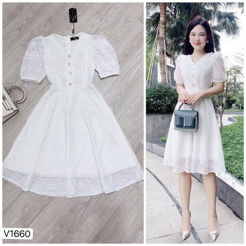 Váy xòe trắng hoa nổi V1660_ hàng thiết kế cao cấp