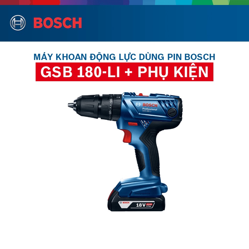 Máy Khoan Vặn Vít Dùng Pin Động Lực Bosch GSB 180-LI + Phụ Kiện