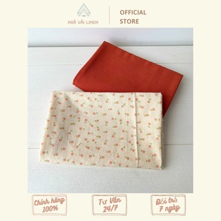 Vải Họa Tiết Linen Hoa Cam Lá Xanh - Cam Đất Bột Nhà Vải Linen