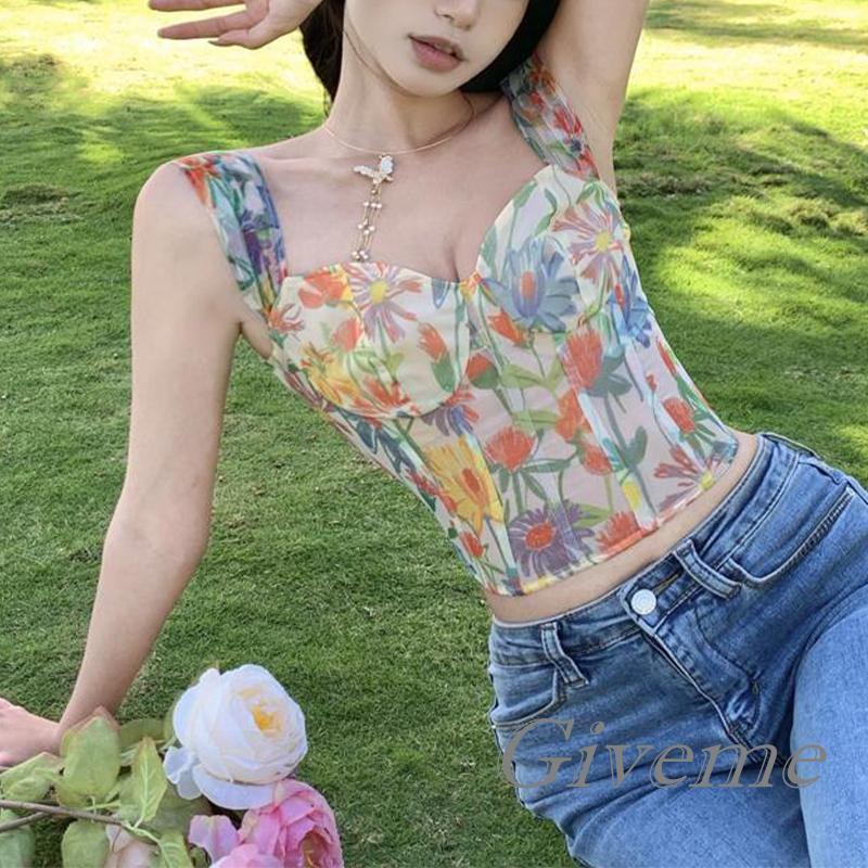 Áo Lửng Hai Dây Họa Tiết Hoa Ngọt Ngào Thời Trang Mùa Hè Cho Nữ