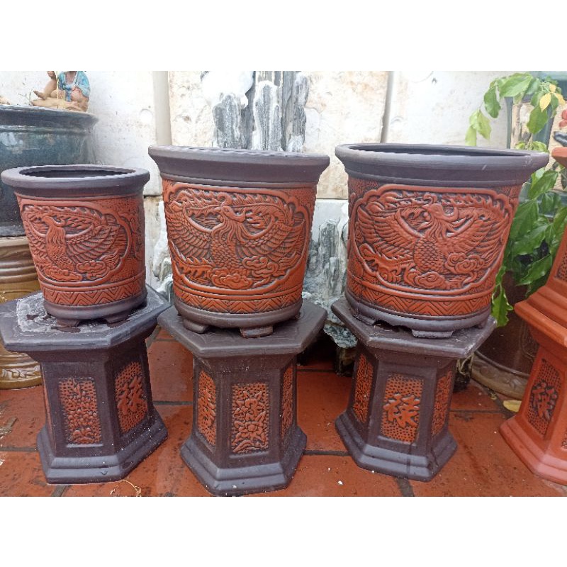Bộ 3 chậu tròn cao rồng bay phượng múa