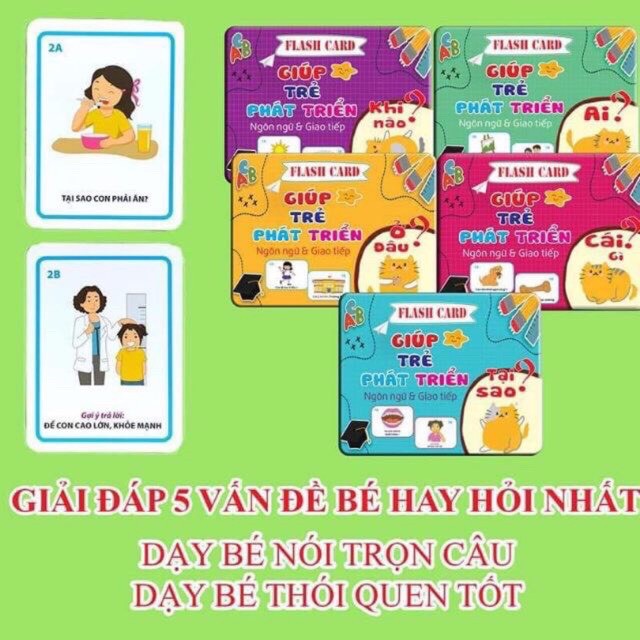 Bộ thẻ flashcards giúp trẻ phát triển ngôn ngữ và giao tiếp,gồm 5 chủ đề: Ai? , Cái gì? , Tại Sao? , Khi Nào? Ở Đâu?