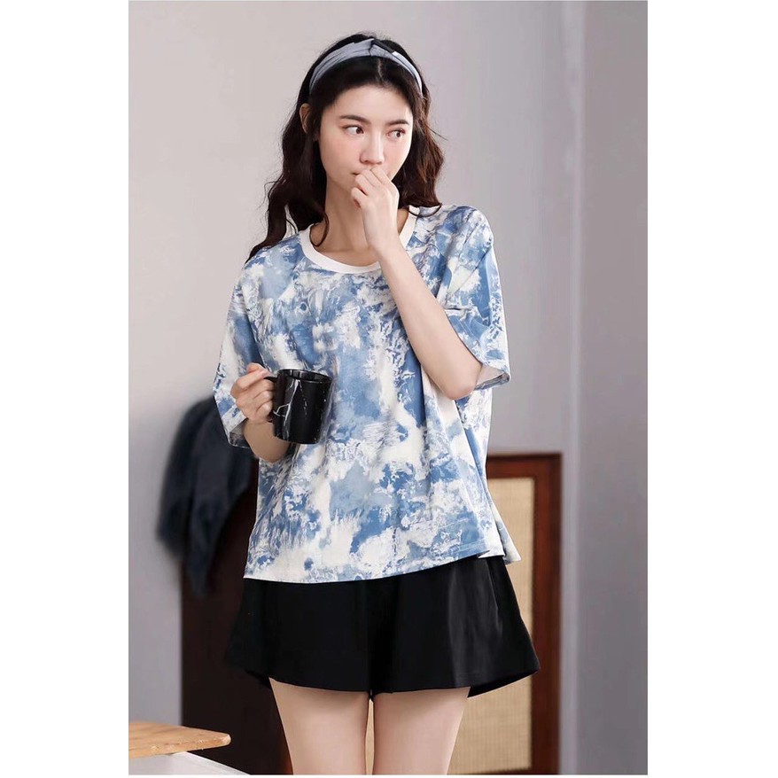 Áo thun dáng rộng loang màu xanh ngọc freesize tay lỡ