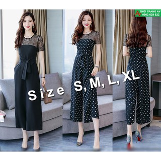 Jumpsuit - Đồ bay lửng ống rộng phối ren thắt nơ eo cực xinh - AV5947
