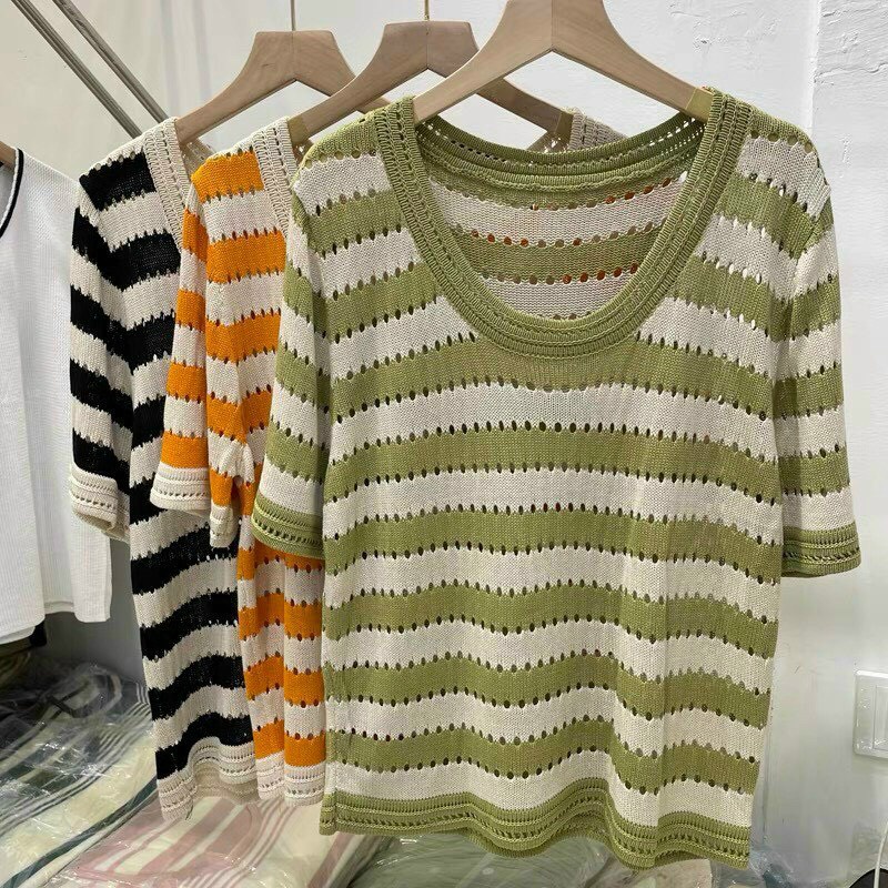 Len Mongtoghi Kẻ Sọc Tay Ngắn Cổ Tròn Phong Cách Hàn Quốc Áo Len Quảng Châu Loại 1 ALSTN