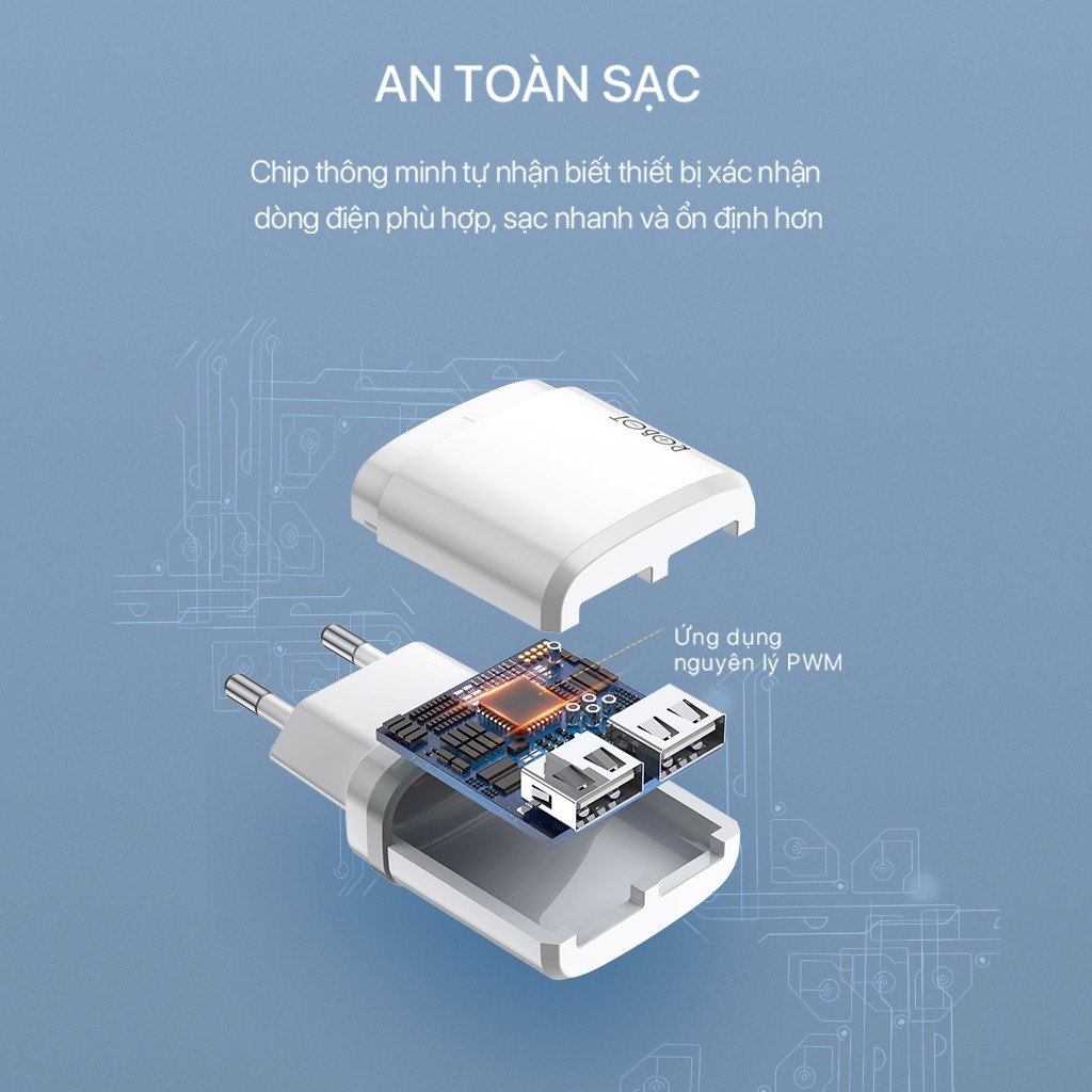 Cốc Sạc 2 Cổng USB ROBOT RT-K9 - 2 Cổng Sạc Ra Sạc Nhiều Thiết Bị iPhone Android - Kèm Cáp Micro 1m