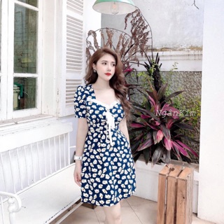 Váy hoa cúc cổ vuông nơ bèo