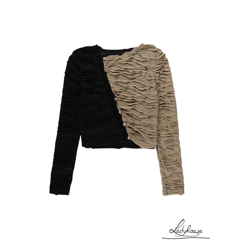 Áo Croptop Tay Dài Xếp Ly Một Hàng Nút Màu Sắc Tương Phản Cho Nữ