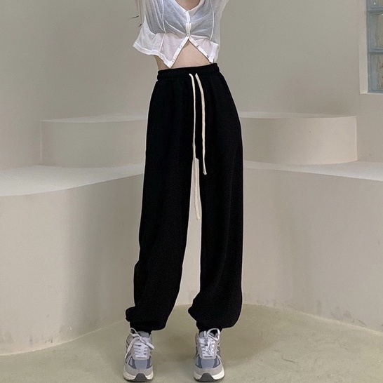 Quần cotton ống rộng cạp cao, quần nỉ cho nữ dây rút phong cách_B9