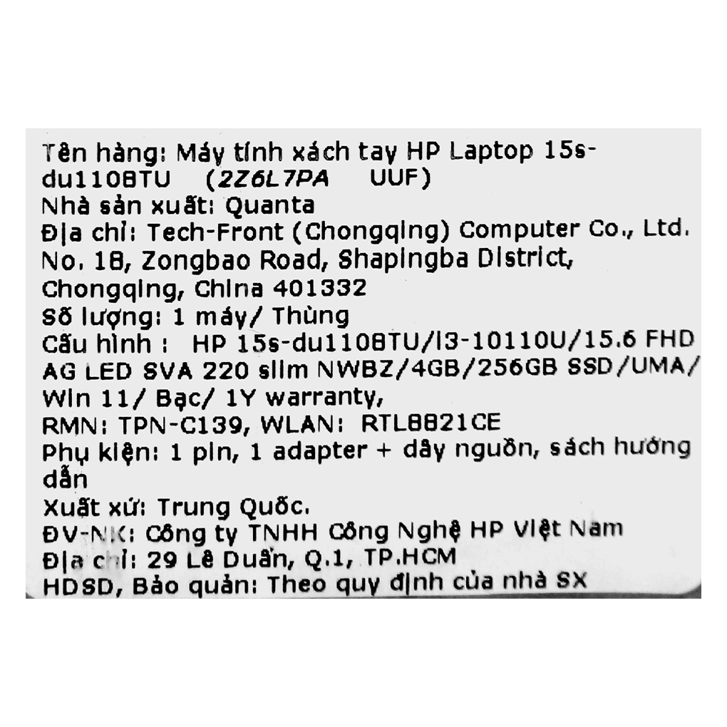 Laptop HP 15s du1108TU i3 10110U/4GB/256GB/15.6"F/Win11//Bạc
