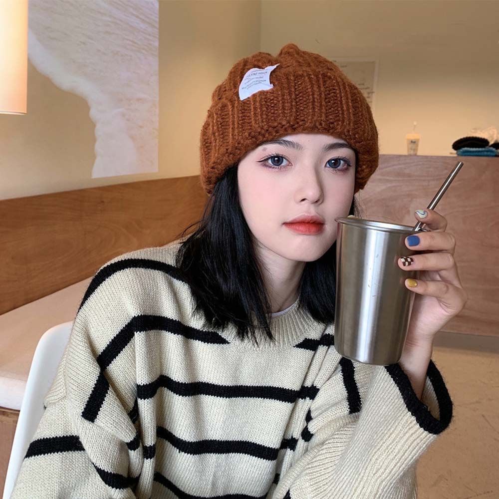 Mũ beanie dệt kim màu trơn phối chữ thời trang Hàn Quốc mùa đông dành cho nữ