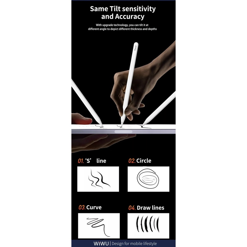 Bút cảm ứng Wiwu Pencil W dành cho Ipad sạc không dây từ tính, có chỉ báo pin trên thân bút - Hàng chính hãng